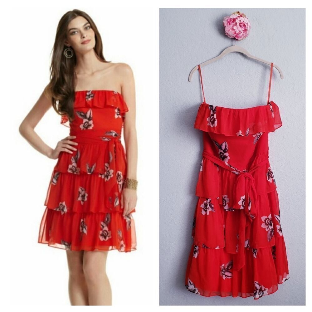 White House‎ Black Market Red Floral Strapless Tiered Dress